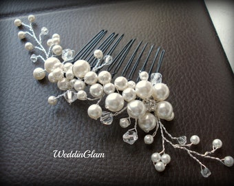 Bridal Hair Comb, Wedding Hair Accessories, Swarovski pearls crystals, Rhinestones, Hand-wired, Ivory Elegant Headpiece, White flower comb