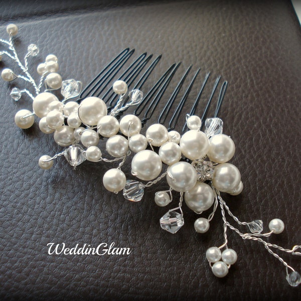 Bridal Hair Comb, Wedding Hair Accessories, Swarovski pearls crystals, Rhinestones, Hand-wired, Ivory Elegant Headpiece, White flower comb