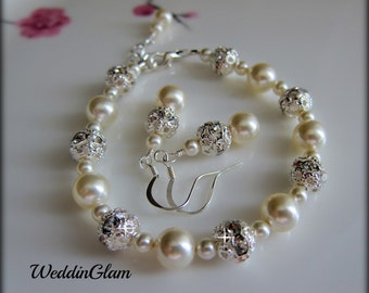 Pearl Wedding Bracelet, Swarovski Pearl and Rhinestone Bridal Bracelet, Wedding Jewelry for the Bride, Bridal bracelet and earrings set