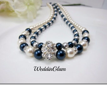 Wedding Necklace Swarovski ivory navy blue Pearl Rhinestone Necklace Bridal Necklace Wedding Jewelry Wedding accessory Bridal Jewelry