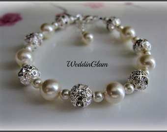 Pearl Wedding Bracelet, Swarovski Pearl and Rhinestone Bridal Bracelet, Wedding Jewelry for the Bride, White or Ivory Pearls
