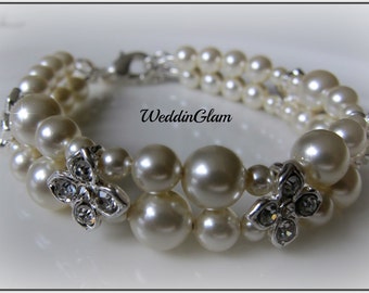 Flower Rhinestone and Ivory Pearl Bridal Bracelet, Double Strand Wedding Bracelet, Swarovski Pearl Bridal Jewelry, Bridesmaid Bracelet