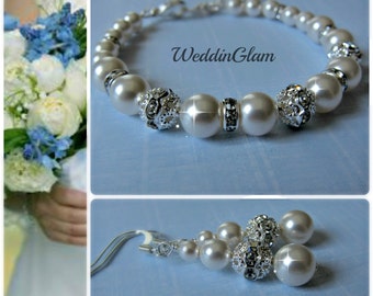 Swarovski White Cream Ivory Pearl and Rhinestone Bridal Bracelet and Earring Set - Bride or Bridemaid Jewelry Set - Choose Your Color Gift