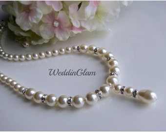 Bridal necklace Wedding jewellery Swarovski pearls Rhinetone ball Silver Maid of honor gift Bridal Ivory white pearl Y necklace Teardrop