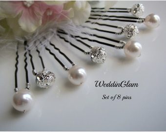 Wedding hair clips, Bridal Hair Accessories, Swarovski ivory pearls, Silver Rhinestone ball, Bridesmaid Hair do, Bridal accessories