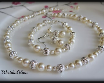 Pearl Wedding Jewelry, White or Ivory Pearl Necklace with Rhinestone Balls, Bridal Necklace set, Vintage Style Bridal Jewelry