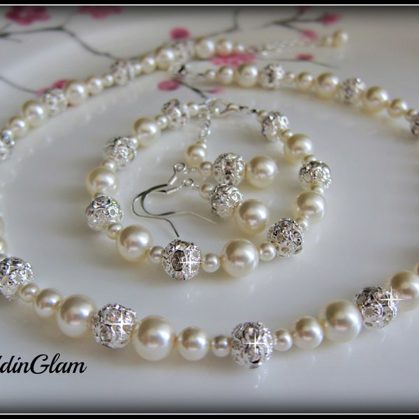 Pearl Wedding Jewelry, White or Ivory Pearl Necklace with Rhinestone Balls, Bridal Necklace set, Vintage Style Bridal Jewelry