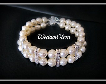 Wedding Jewelry Bridal Bracelet Bridesmaid Bracelet 2 strands of Crystal White Swarovski Pearls with rhinestone Spacers Bracelet