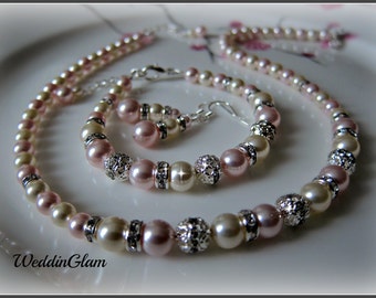 Bridesmaid jewelry set. Light Pink Ivory Bridesmaid gift Bridal party. Classic mother of bride complete jewelry set