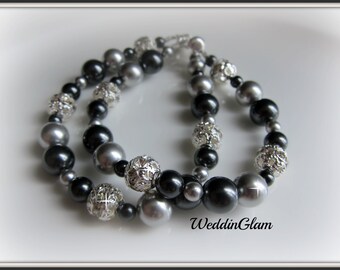 Black Silver Grey Pearl Bridal Bracelet, Double Strand Wedding Bracelet, Swarovski Pearl Bridal Jewelry, Mother of the bride bracelet