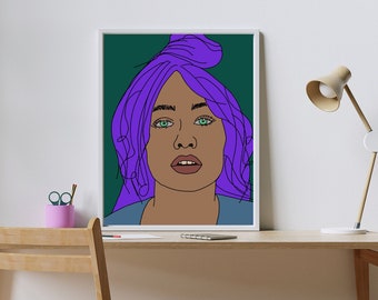 DIGITAL ARTWORK | Digital Print Art Home Decor Wall Hanging Fashion Purple Hair Portrait Drawing