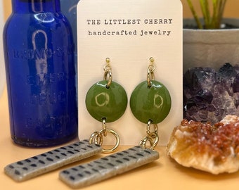 Hand Painted | Chic | Acrylic | Polymer Clay | Glazed | Patterned | Green Gray Black | Gold Hooks | Dangle Earrings