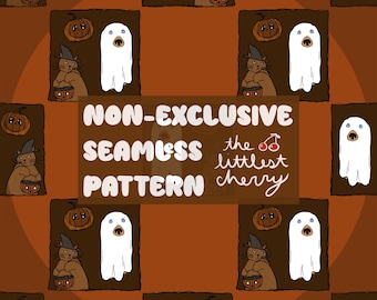 Seamless Halloween Pattern, Dog Ghosts, Witch Cat, Glowing Pumpkins, PNG & JPEG (Digital Download)