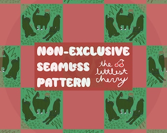 Seamless Christmas Cats Pattern, Green Pink Whimsical Winter Holiday Design, PNG & JPEG (Digital Download)