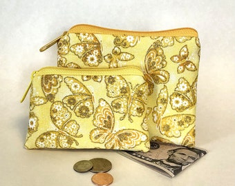 Yellow Butterfly Coin Purse: Glitter Cotton Zipper Pouch