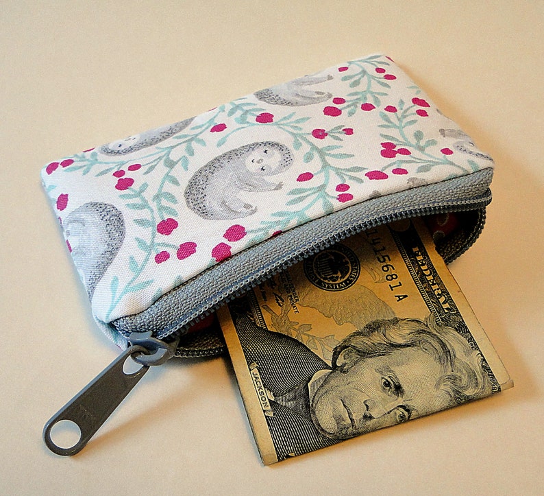 Sloth Coin Purse, Zipped Coin Purse, Cotton Lined Coin Purse, Sloth Money Bag, School Coin Pouch, Zipped Bag, Gift for Her image 2