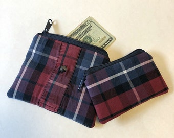 Blue Plaid Pattern Coin Purse Zip Mini Wallet Change Cash Bag For Men & Women