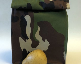 Camo Lunch Bag, Canvas Camo Lunch Sack, Paper Bag Style Lunch Bag, Man's Lunch Bag, Fold Top Lunch Bag, Masculine Lunch Bag, Washable Bag