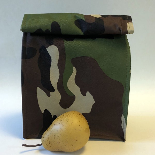 Camo Lunch Bag, Canvas Camo Lunch Sack, Paper Bag Style Lunch Bag, Man's Lunch Bag, Fold Top Lunch Bag, Masculine Lunch Bag, Washable Bag