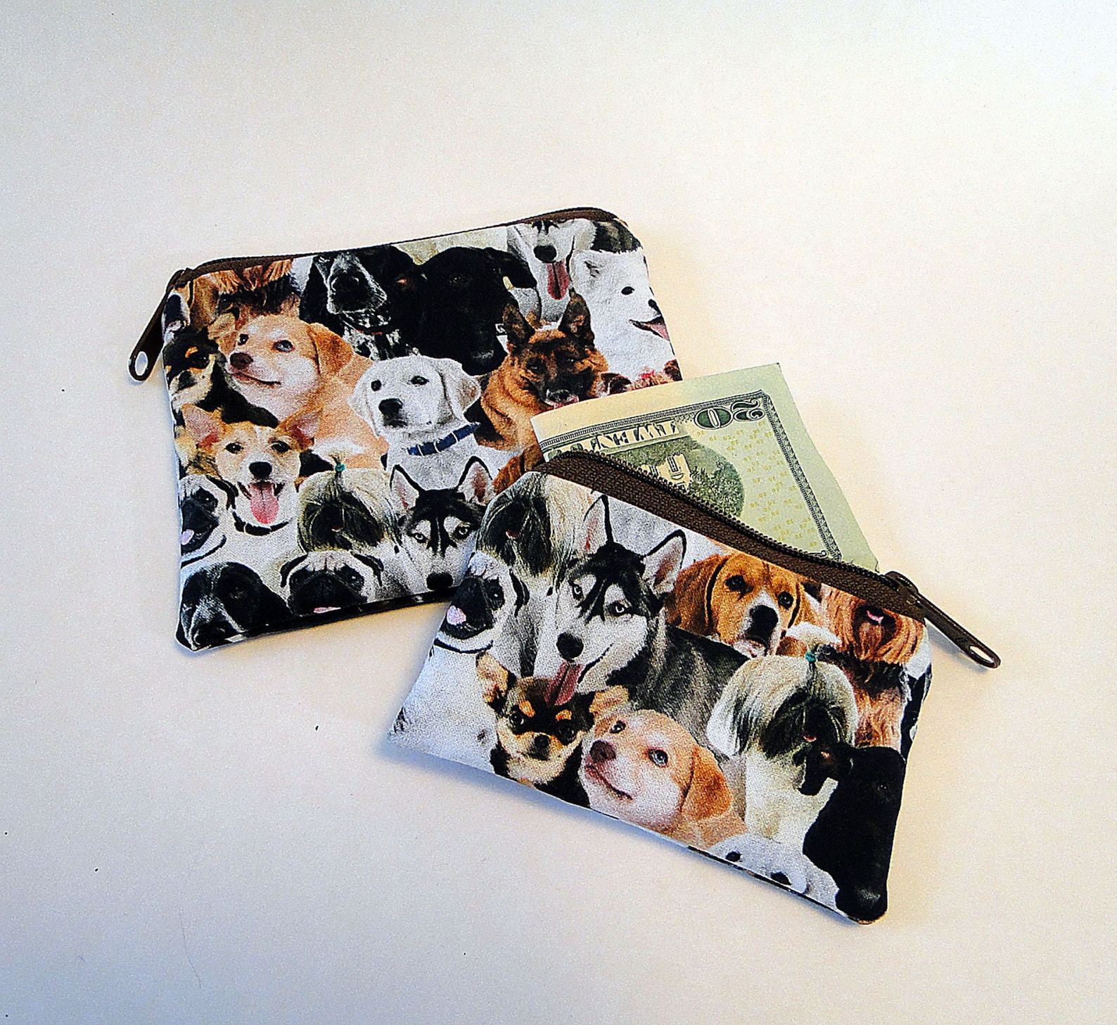Dog Print Coin Purse: Zippered Cotton Pouch, Small or Large
