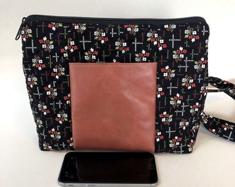 Crossbody Bag, Leather, Black Purse, Handmade, Quilted Fabric, Zipped Pockets, Gift for Her, Floral, Medium Bag