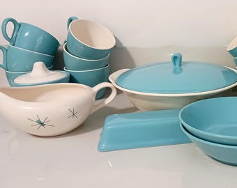 Mid Century Salem Turquoise Dinnerware | Royal Windsor Platter, Streamline Bowls, North Star