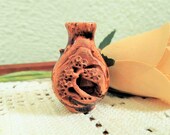 Tiny Benko Ware Netsuki Clay Snuff bottle miniature vase with carved Bonsai tree, thatched roof hut on water vessle.