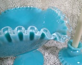 Vintage Fenton Turquoise Silvercrest Art glass square pedestal bowl candle holders console set