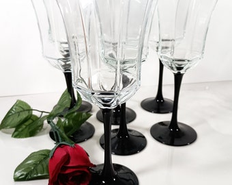 Arcoroc France Octime Black Opaque Glass Stemmed with Clear glass Octagonal Bowl Wine Glasses or Water Goblets sold in sets