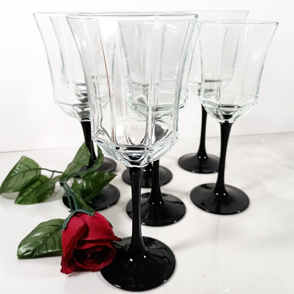 Arcoroc France Octime Black Opaque Glass Stemmed with Clear glass Octagonal Bowl Wine Glasses or Water Goblets sold in sets