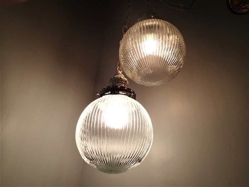 Ribbed Glass Double Globe Swag lamp Mid Century light fixture Etsy