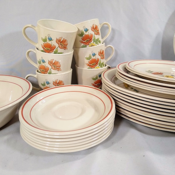 Vintage Corning Cornerstone Royal Garden break resistant Dinnerware. Orange & yellow poppies Plates, Cups, saucers and serving pieces .