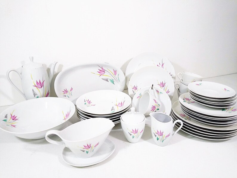 Mid Century Winterling Marktleuthen Bavaria WIG1514 Stylized Pink Arrowroot Flowers, green and gray leaves, yellow and gray grass dinnerware set. 37 piece dinnerware set