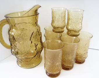Anchor Hocking Rainflower Amber Pitcher With 6 Tumblers and 3
