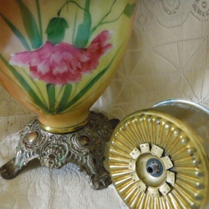 Antique Kerosene Vintage Hand Painted Parlor Lamp, Pink Carnations flowers