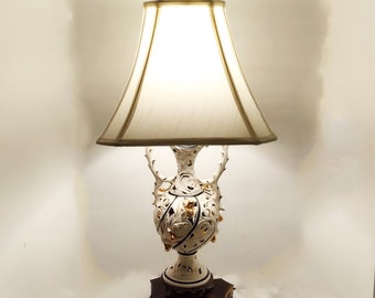Ornate Italian Porcelain Table Lamp Gold & White Cutout, Capodimonte style