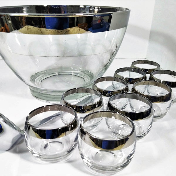 Mid Century Dorothy Thorpe Silver Band V Punch Bowl set. 24 cup bowl and 9 Silver Band 2 3/8" roly poly glasses with stainless punch ladle