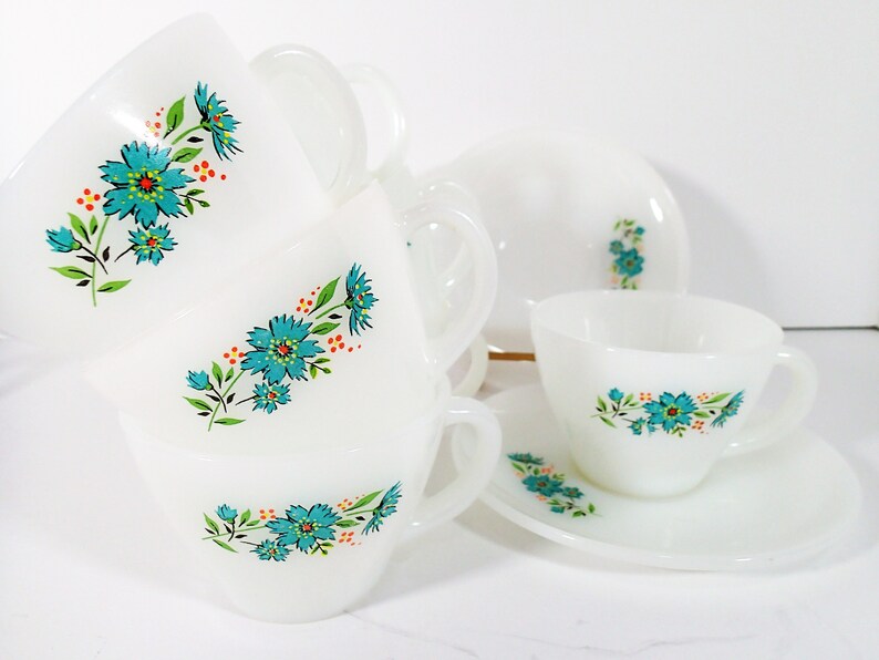 Vintage Fire King Bonne Blue Bell Milk Glass Cups and Saucers Etsy