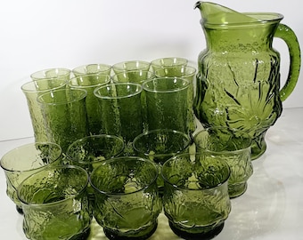 Mid-Century Anchor Hocking Rainflower Avocado Pitcher, 12 oz Flat Tumblers and Old Fashioned Cocktail Glasses
