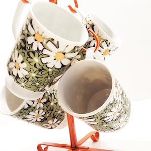 Mid Century Flower Power Stacking Coffee Cup Set with Orange Rack