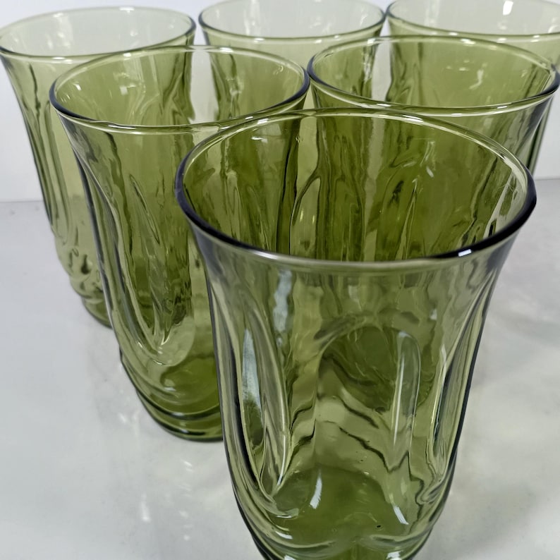 Set of 6 Vintage Anchor Hocking Colonial Tulip  Avodaco green tumblers. 5 1/4 inch tall glasses molded into the shape to represent tulip blossoms.