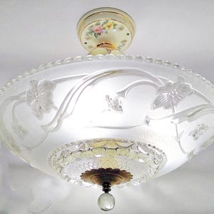 Porcelier Floral Porcelain Ceiling Light – Embossed Frosted Glass Shade – Art Nouveau Victorian – Rewired 3 Bulb