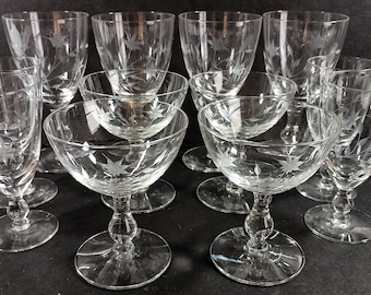 Mid-Century Imperial Glass Ohio Stemware.  Cut glass floral pattern, teardrop #210 stems