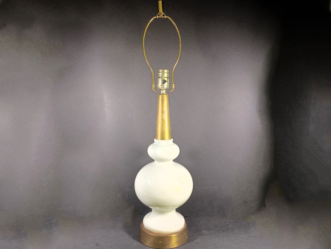 Soft Light Gray Ceramic Lamp. Mid Century Modern Smooth Curvy Ceramic Body, Long Tall Slender