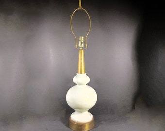 Mid Century Modern Soft Gray Ceramic Lamp Brass Neck Rewired 3‑Way