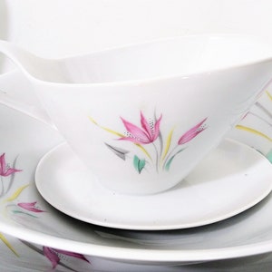 Mid Century Winterling Marktleuthen Bavaria WIG1514 Stylized Pink Arrowroot Flowers, green and gray leaves, yellow and gray grass dinnerware set. 37 piece dinnerware set