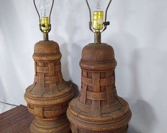 Mid Century Brutalist Berman Wood Grain Basket Weave urn shaped, nautical look Ceramic table lamps, 2 Available - SOLD SEPARATELY