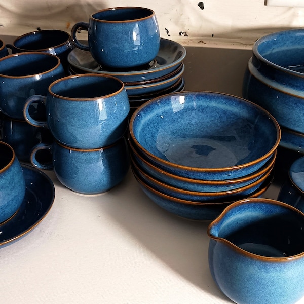 Mid-Century Denby-Langley English Blue, Cups and Saucers, Cereal Bowls, and Vegetable  Serving Bowls, covered sugar and creamer