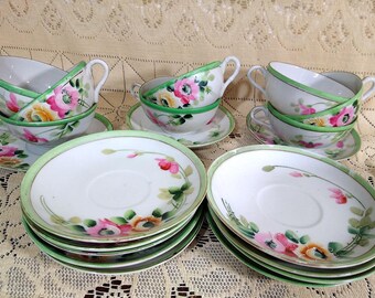 Takito hand‑painted moriage tea cup and saucer sets, Japan 1920s–1930s