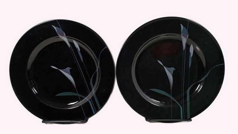 Set of 2 Set of 2 Mikasa Galleria Opus Black five piece place setting. Mystical Calla Lilys on black salad plates.